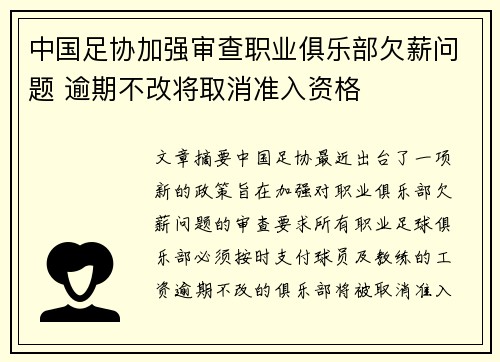 中国足协加强审查职业俱乐部欠薪问题 逾期不改将取消准入资格